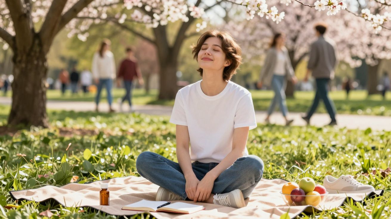 Mulher sentada em parque com olhos fechados, cercada por árvores floridas e frutas sobre manta.