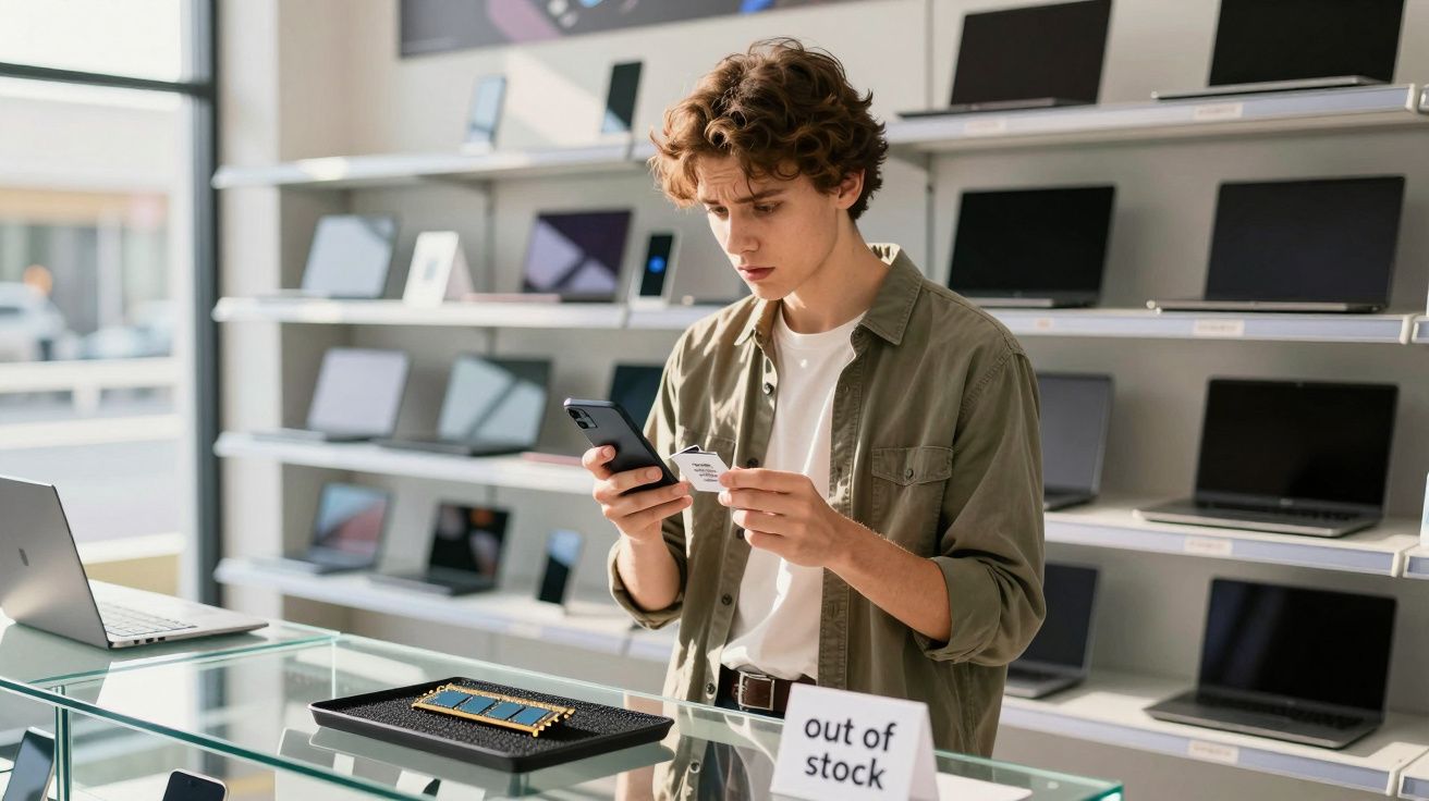 Jovem em loja de eletrônicos, segurando um celular e uma etiqueta, ao lado de placa "out of stock".