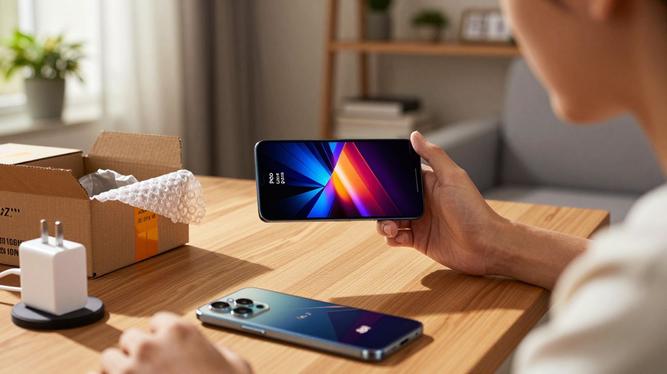 Pessoa segurando um smartphone com tela colorida em mesa com outro celular, caixa aberta e carregador branco.