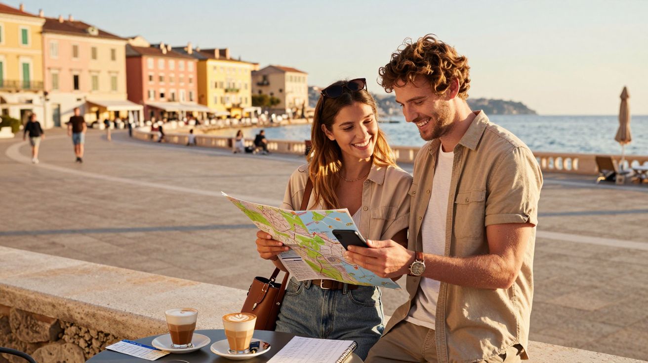 Casal sorridente lendo mapa e celular em café ao ar livre, com vista para o mar e prédios coloridos.