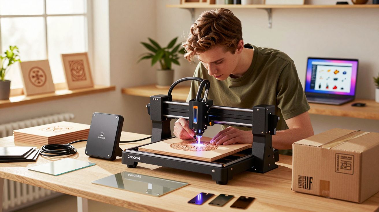 Jovem usando máquina de gravação a laser para desenhar em placa de madeira em mesa de trabalho organizada.