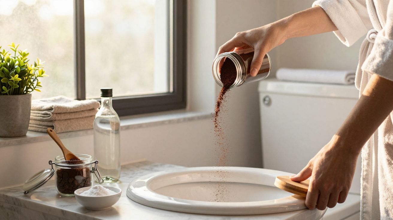 Pessoa despejando pó de café em vaso sanitário em banheiro claro e organizado.