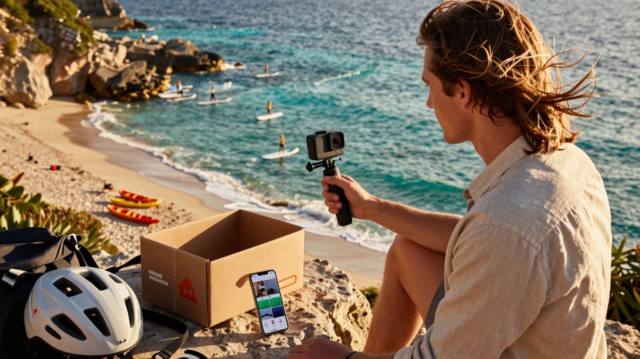 Homem grava vídeo com câmera de ação em penhasco com vista para praia e pessoas praticando stand-up paddle.