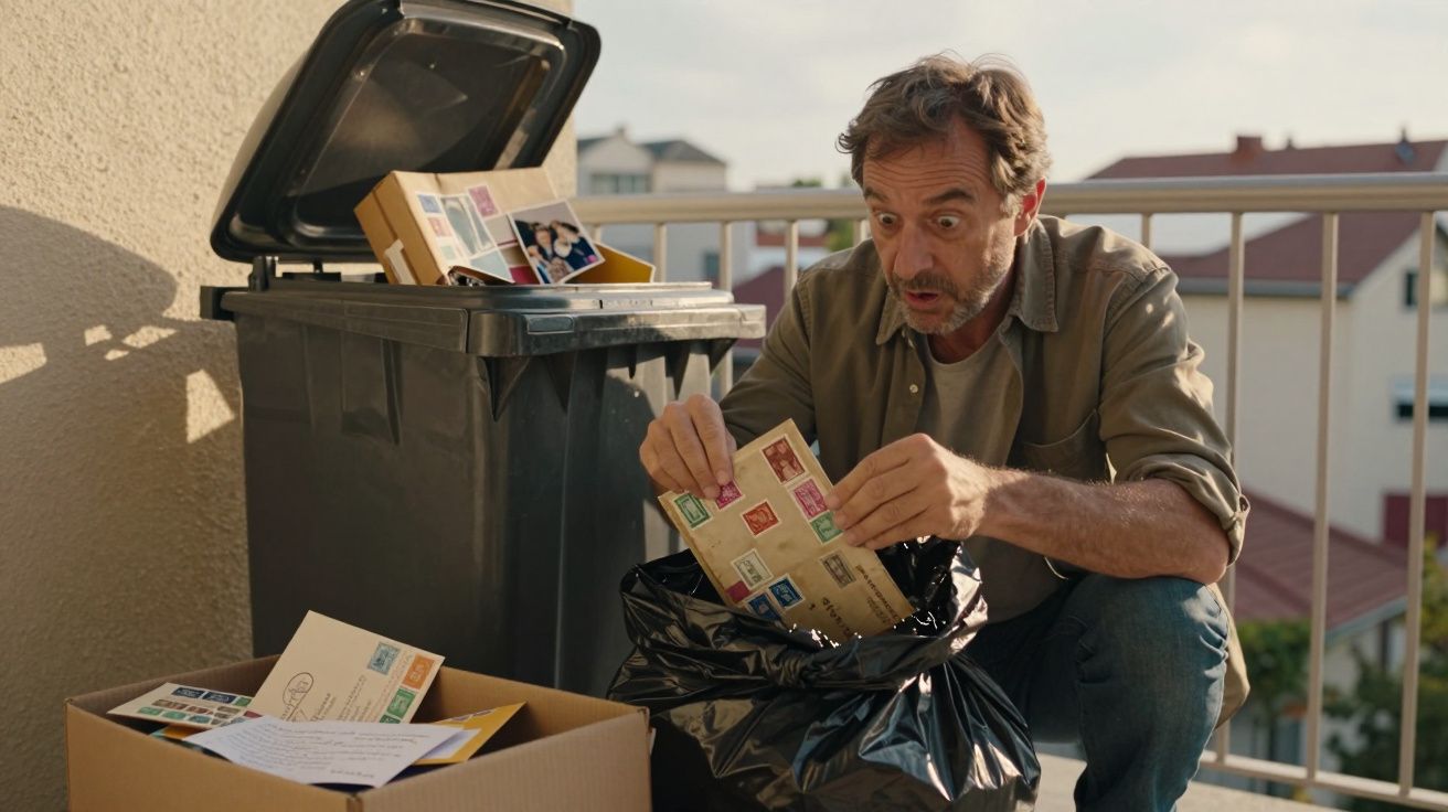 Homem surpreso examina cartas de coleção perto de uma lixeira e caixa cheia de envelopes em varanda.