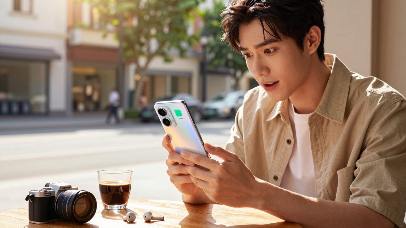 Homem jovem sentado ao ar livre, olhando para o celular com câmera, café e fones sobre a mesa.