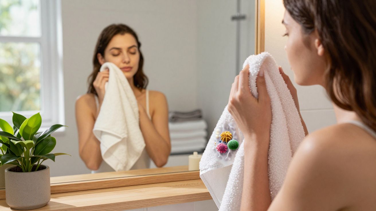 Mulher enxugando o rosto com toalha branca diante de espelho em banheiro iluminado e planta ao lado.
