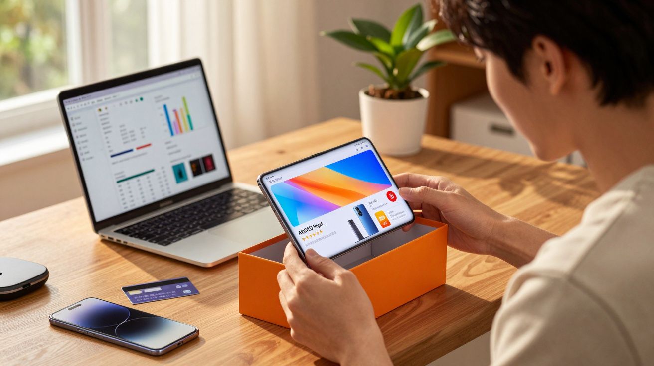 Pessoa segurando smartphone grande sobre caixa laranja com laptop e celular sobre mesa em ambiente iluminado.