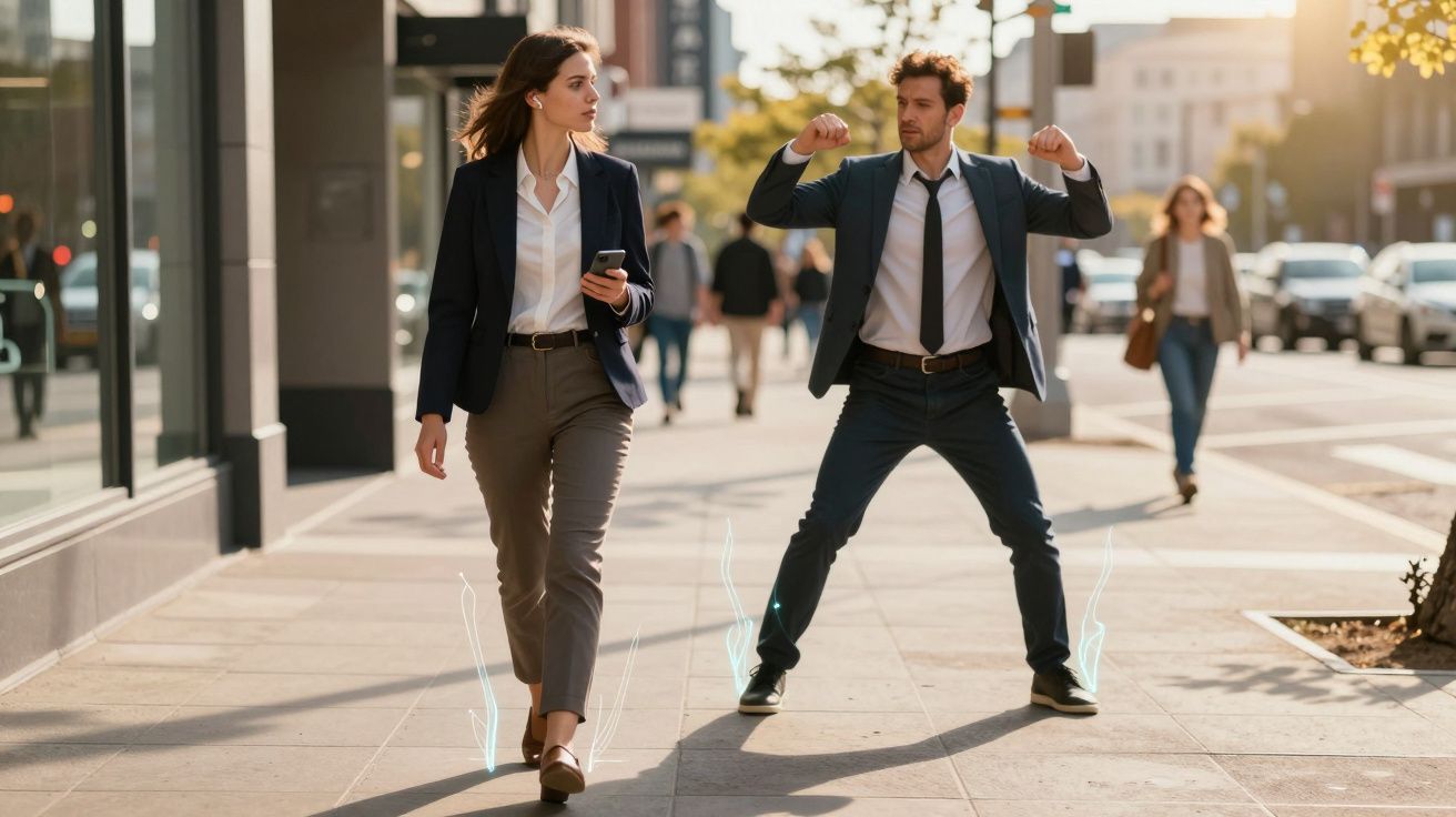 Homem de terno faz pose engraçada enquanto mulher de terno caminha distraída segurando celular na calçada urbana.