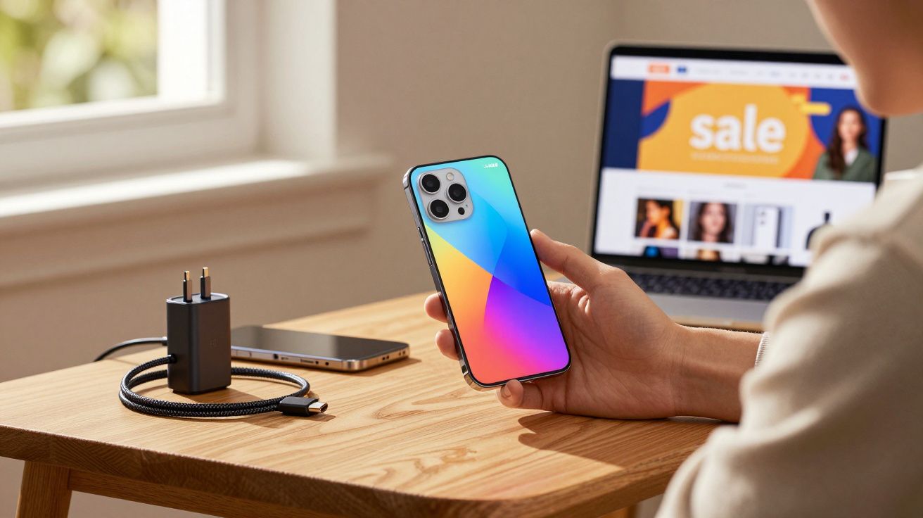 Pessoa segurando smartphone colorido em mesa com carregador e notebook exibindo promoção de venda.
