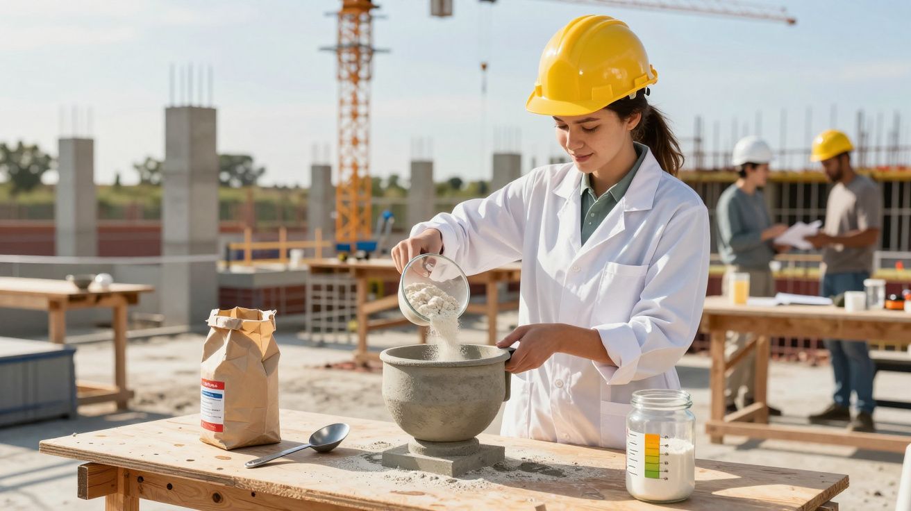 Mulher com capacete amarelo mistura cimento em obra, com sacos e frascos sobre mesa de madeira.