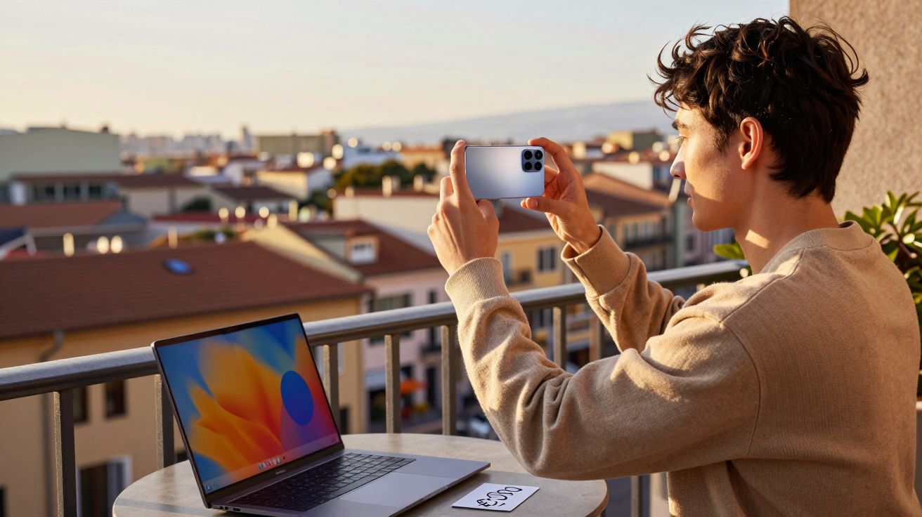 Jovem tirando foto no terraço com smartphone, laptop aberto e vista de casas ao fundo durante o dia.