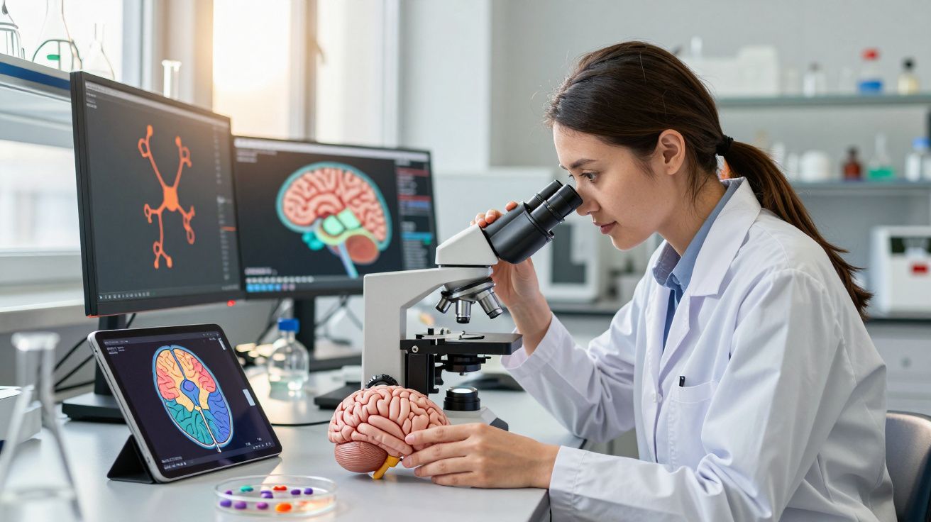 Mulher cientista usando microscópio com modelo de cérebro e imagens cerebrais em telas no laboratório.