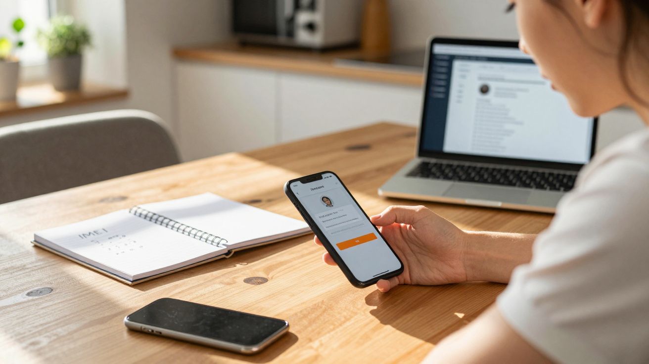 Pessoa segurando smartphone com tela de login, notebook aberto e agenda sobre mesa de madeira clara em ambiente iluminado.