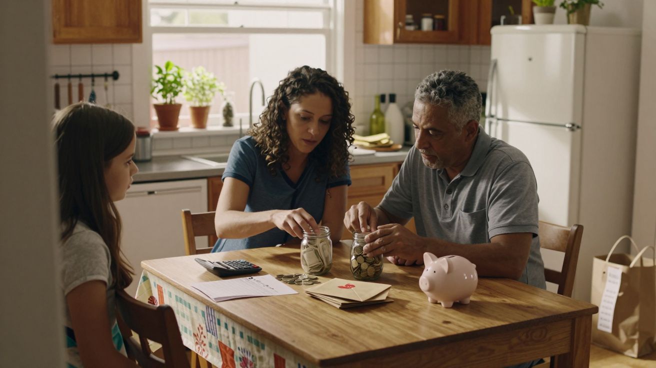 Família sentada à mesa contando moedas e organizando dinheiro em potes na cozinha.