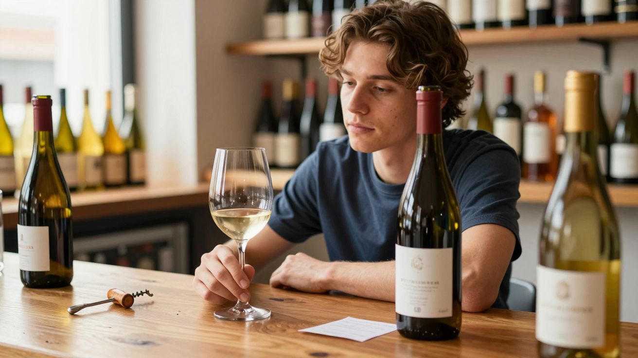 Jovem sentado à mesa segurando taça de vinho branco em loja com várias garrafas de vinho ao fundo.