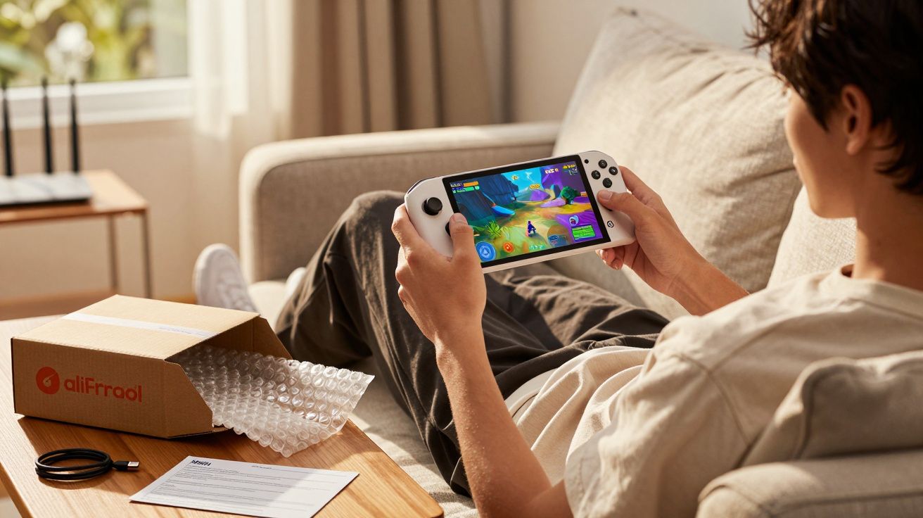 Pessoa sentada no sofá jogando em console portátil branco, com caixa e acessórios ao lado na mesa.