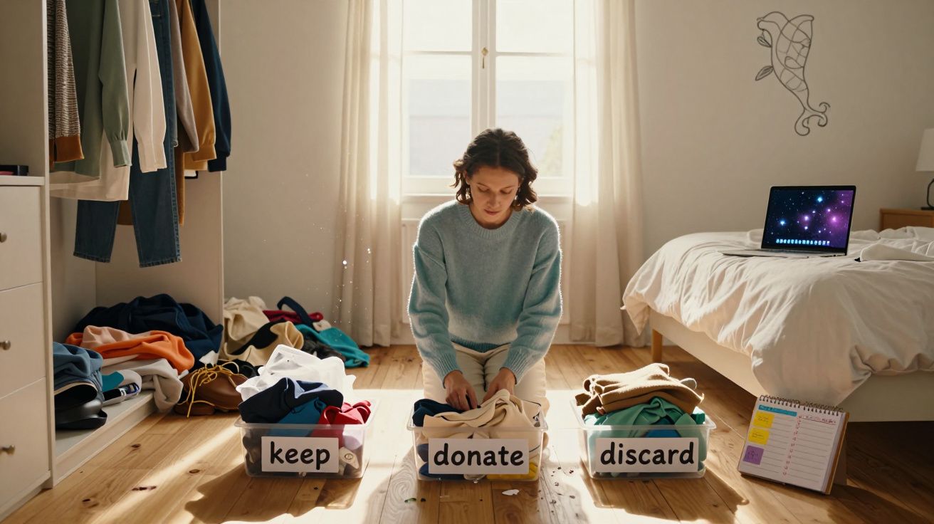 Pessoa organizando roupas em caixas identificadas como doar, descartar e manter em quarto iluminado.