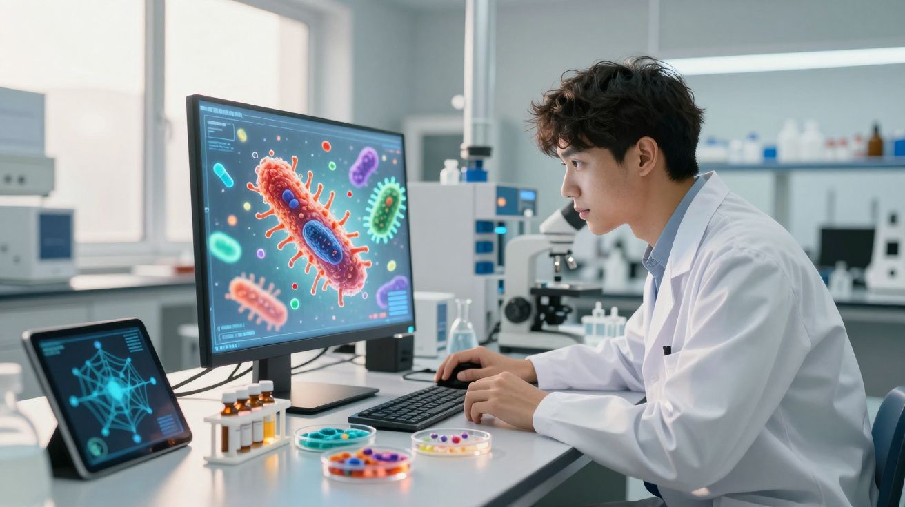 Cientista em laboratório analisando imagens digitais de bactérias na tela do computador.