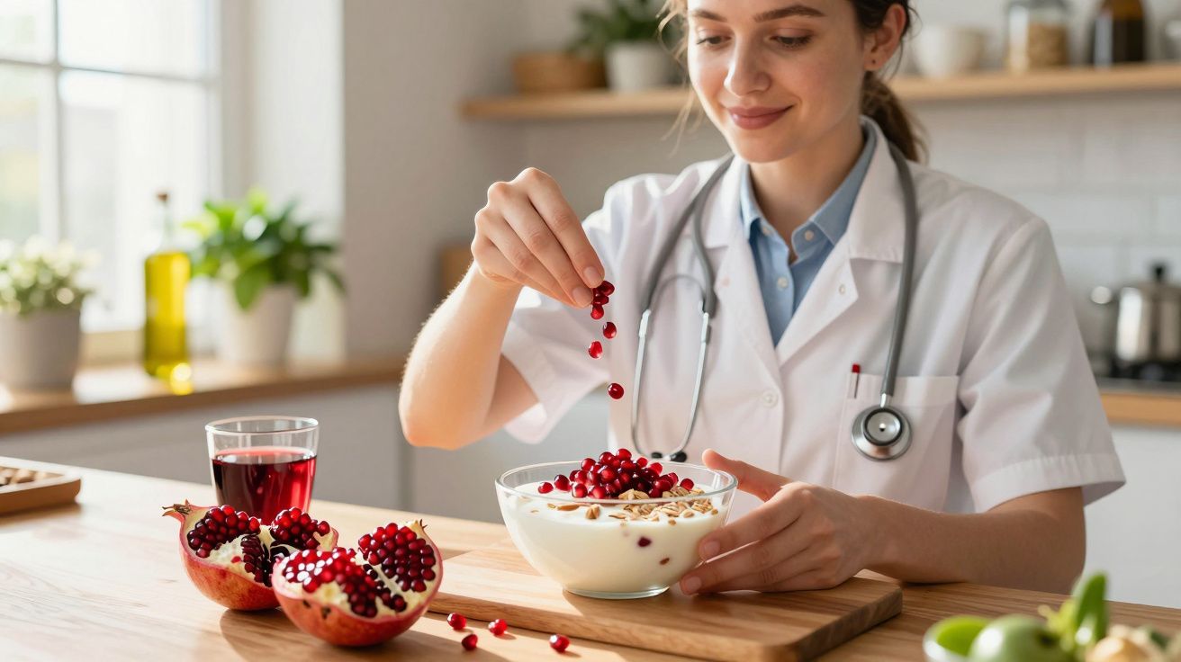 Mulher médica adiciona sementes de romã a tigela de iogurte com granola em cozinha iluminada.