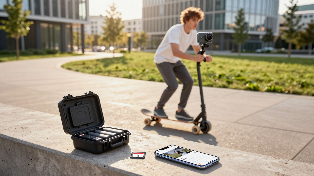 Jovem andando de skate em praça enquanto filma com câmera em estabilizador e smartphone próximo.