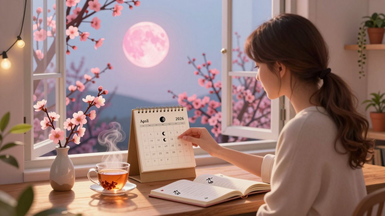 Mulher observa calendário de abril 2026 em mesa com chá, caderno, flores e janela aberta com lua rosa ao fundo.