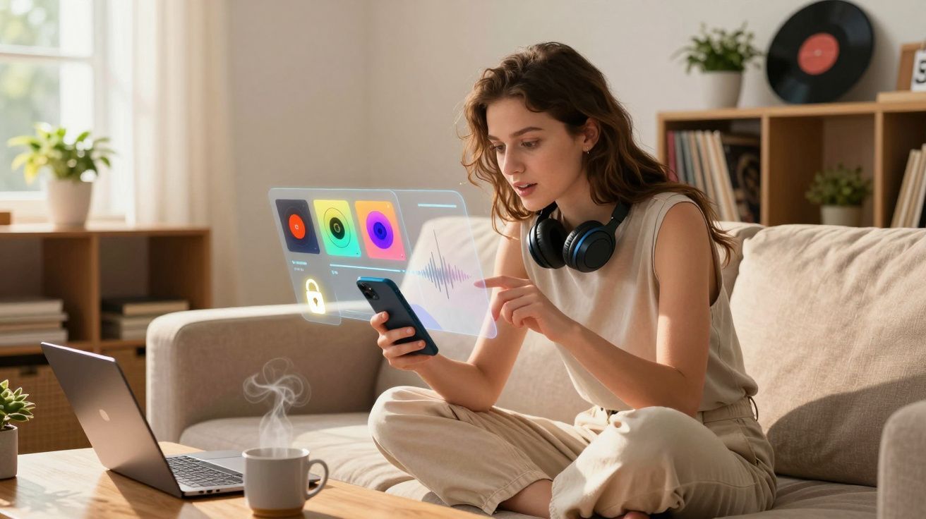 Mulher sentada no sofá usando smartphone com projeções digitais e laptop à frente.