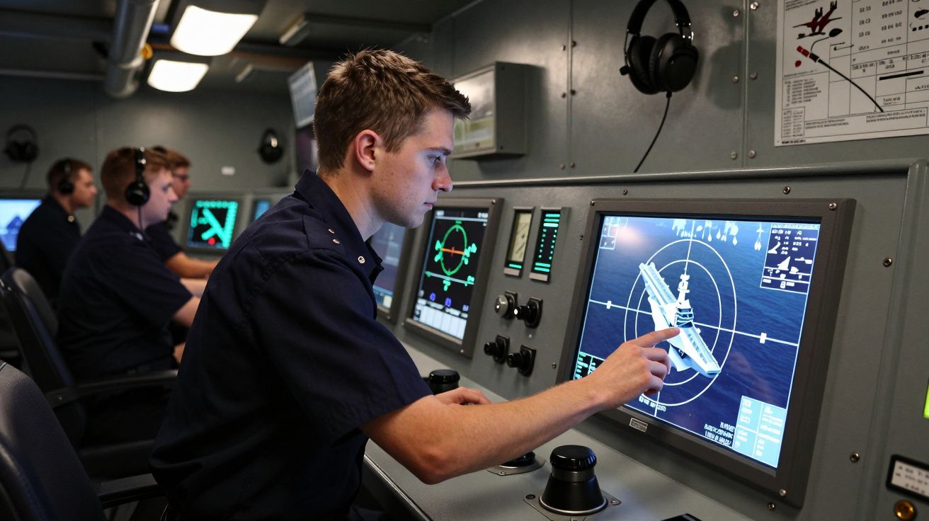 Homem em uniforme operando radar com imagem de navio em tela dentro de sala de controle militar.
