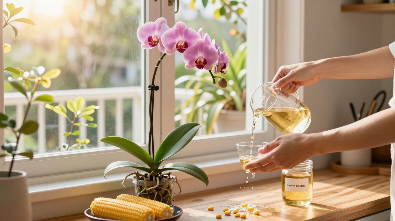 Mãos servindo chá em copo de vidro ao lado de orquídea rosa e milho na bancada iluminada pelo sol.