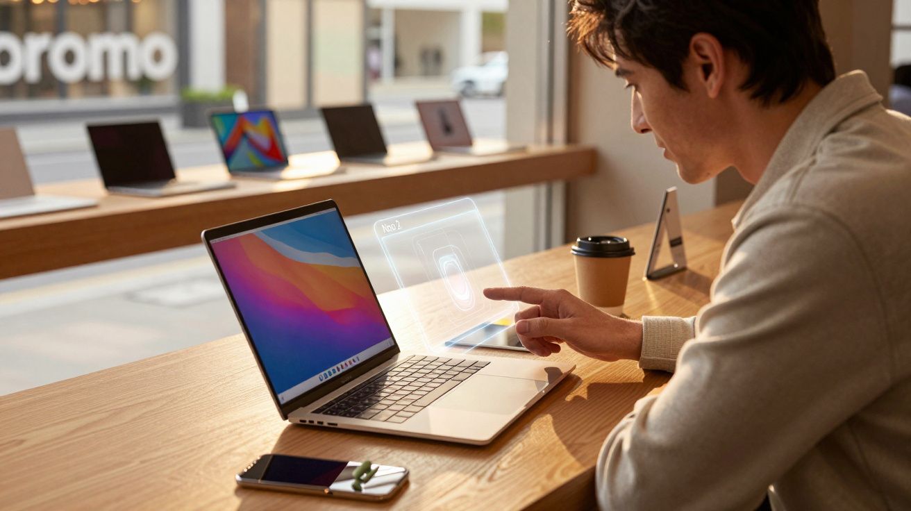 Homem sentado em mesa interagindo com laptop e holograma próximo a celular e café em ambiente interno.