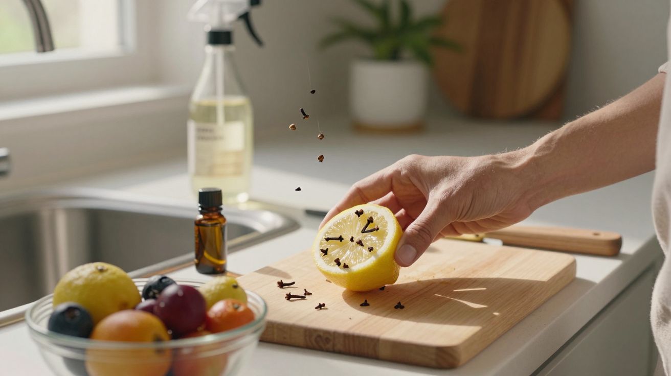 Mão crava cravos em metade de limão sobre tábua de madeira, com frutas e utensílios de cozinha ao fundo.