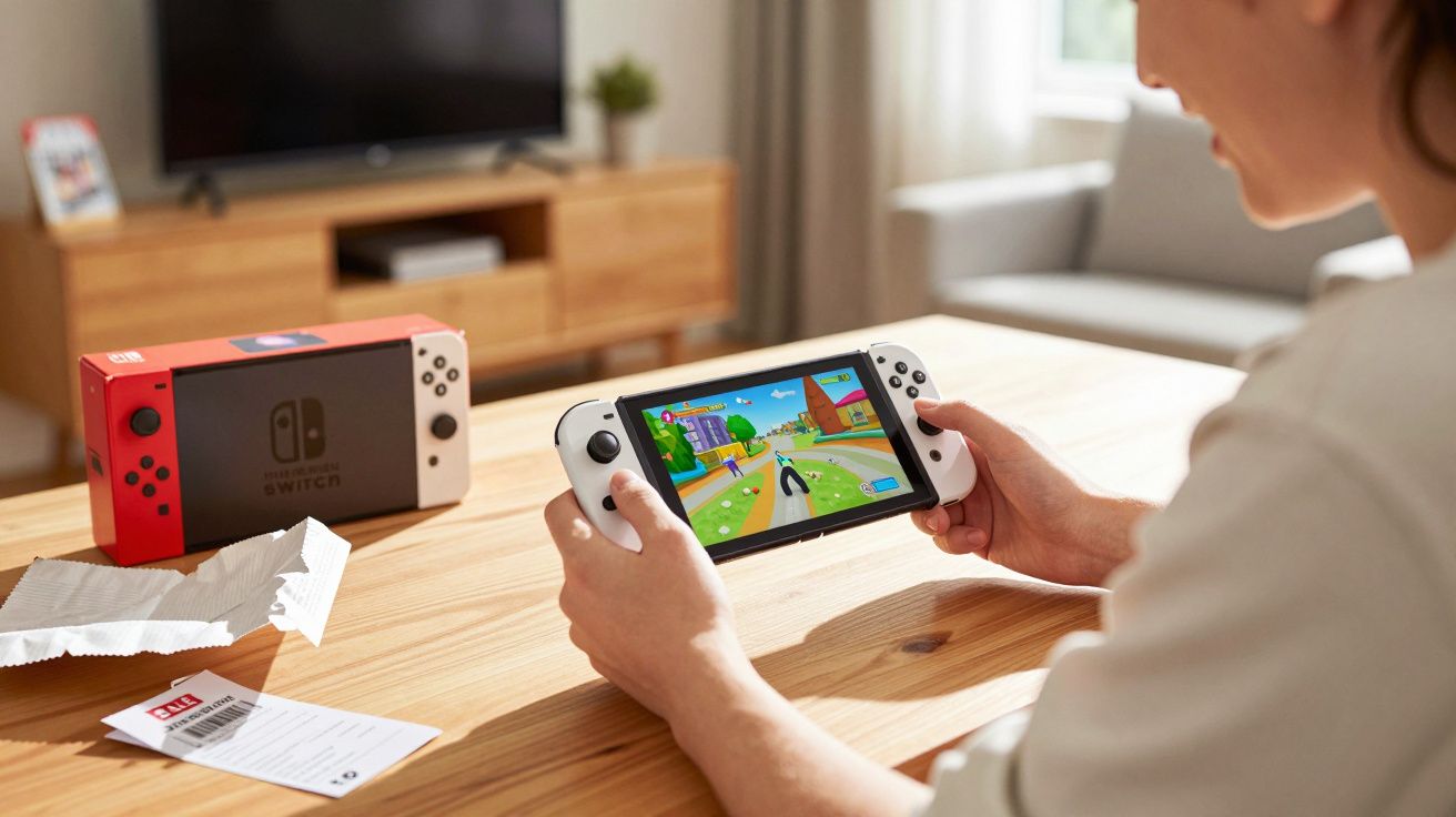 Pessoa jogando videogame Nintendo Switch OLED branco em sala de estar, com aparelho e documentos sobre mesa de madeira.