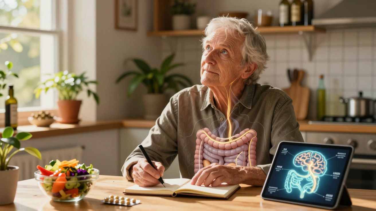 Idoso sentado em cozinha escrevendo com ilustração do sistema digestivo e cérebro em holograma digital.