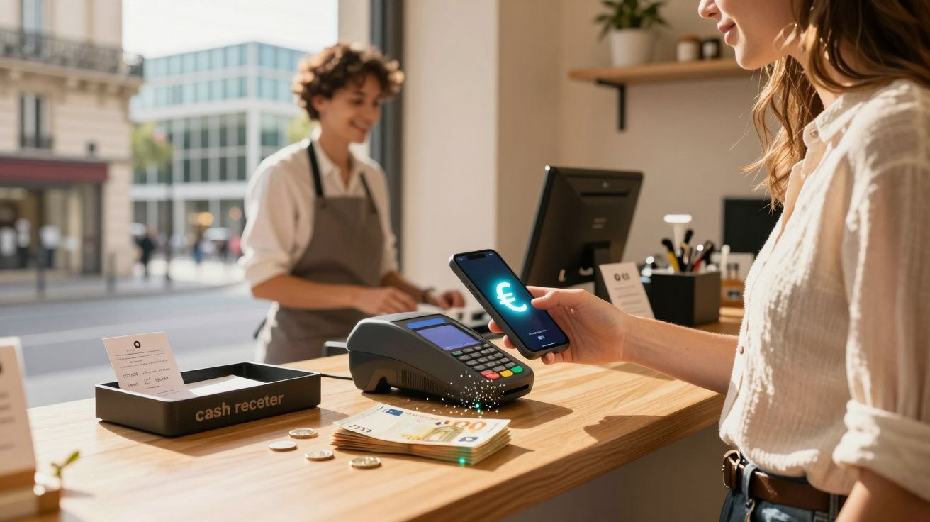 Mulher realizando pagamento por aproximação com smartphone em café com atendente ao fundo.