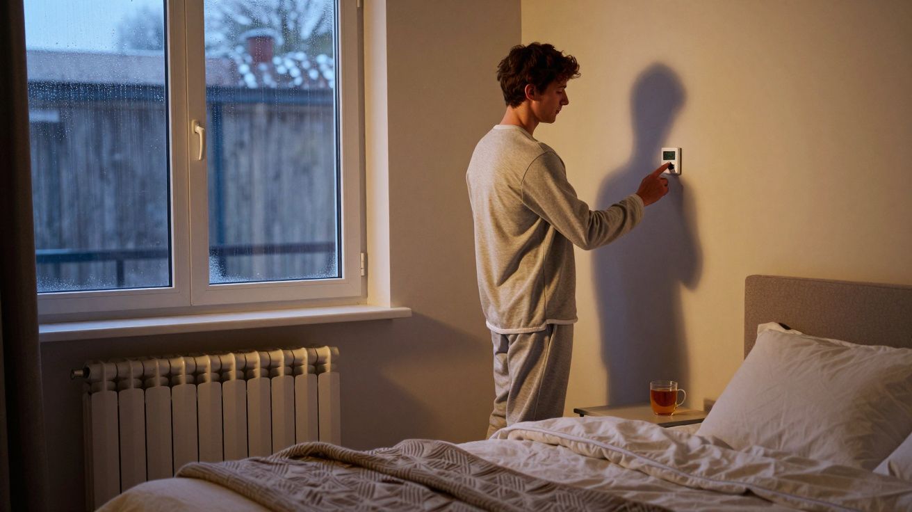 Homem em pijama ajusta termostato em quarto com cama, janela e copo de chá sobre criado-mudo.