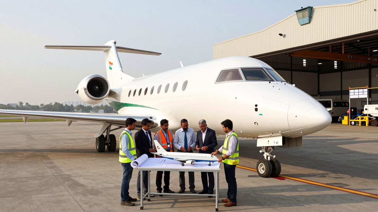 Engenheiros em frente a jato executivo branco analisando planta com maquete na pista do aeroporto.