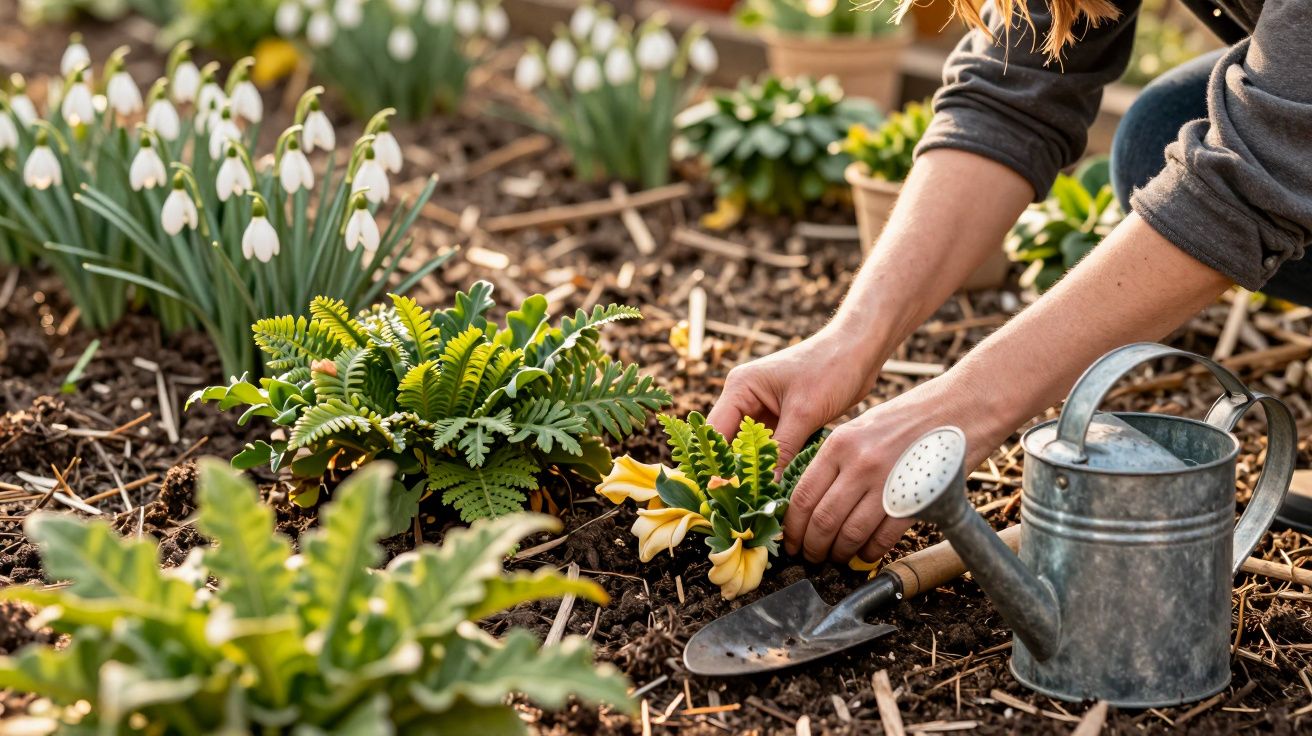 Pessoa plantando flores amarelas no jardim com regador e pá ao lado.