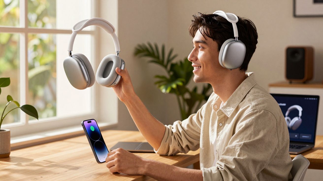 Homem sorridente usando fones de ouvido modernos enquanto segura outro par na mão, sentado em mesa com celular e laptop.