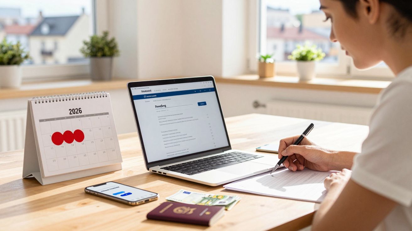 Pessoa escrevendo em caderno ao lado de laptop, celular, passaporte e calendário de 2026 com datas marcadas.