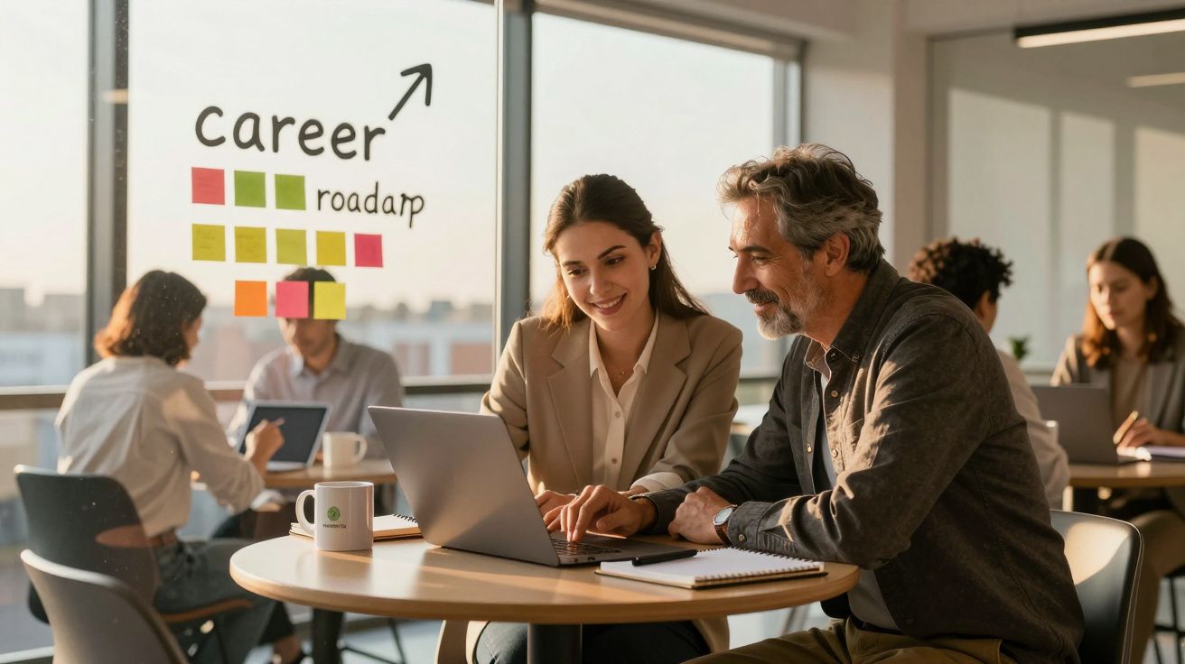 Duas pessoas discutindo trabalho em escritório com post-its coloridos e palavras career roadmap na janela.
