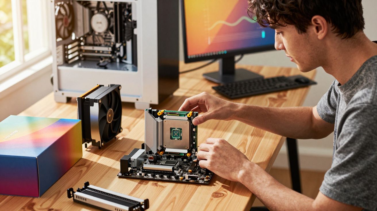 Jovem montando computador, instalando processador em placa-mãe sobre mesa de madeira.