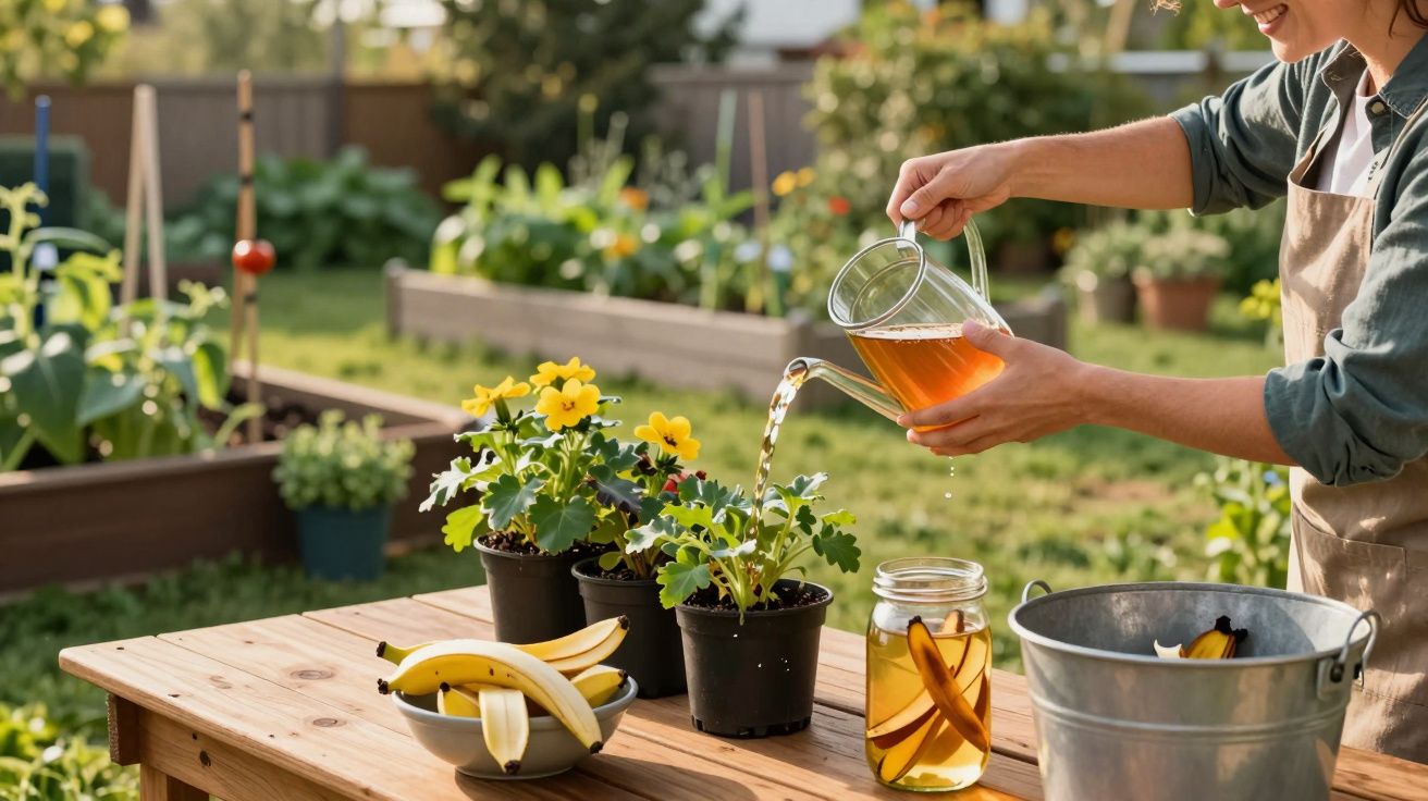 Pessoa regando plantas em vasos com mistura caseira em jardim com canteiros e bananas na mesa de madeira.