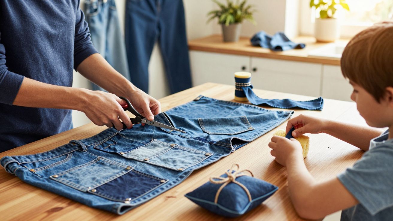 Pessoa cortando tecido jeans na mesa enquanto criança ajuda com esponja em ambiente iluminado.