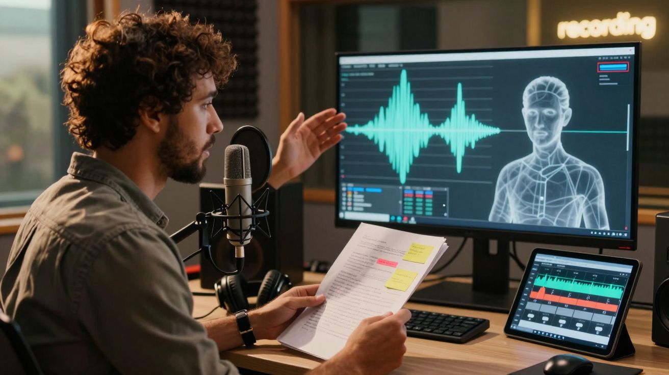 Homem gravando áudio em estúdio com roteiro na mão e monitor exibindo ondas sonoras e modelo 3D.