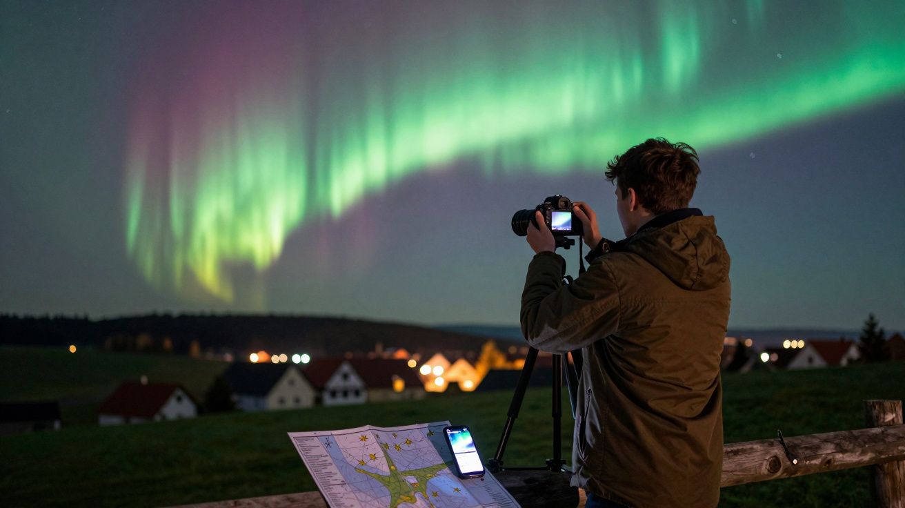 Pessoa fotografando a aurora boreal à noite com mapa e celular sobre cerca de madeira.