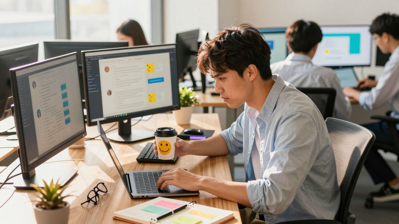 Jovem trabalhando em escritório com notebook e café, várias telas e colegas ao fundo.