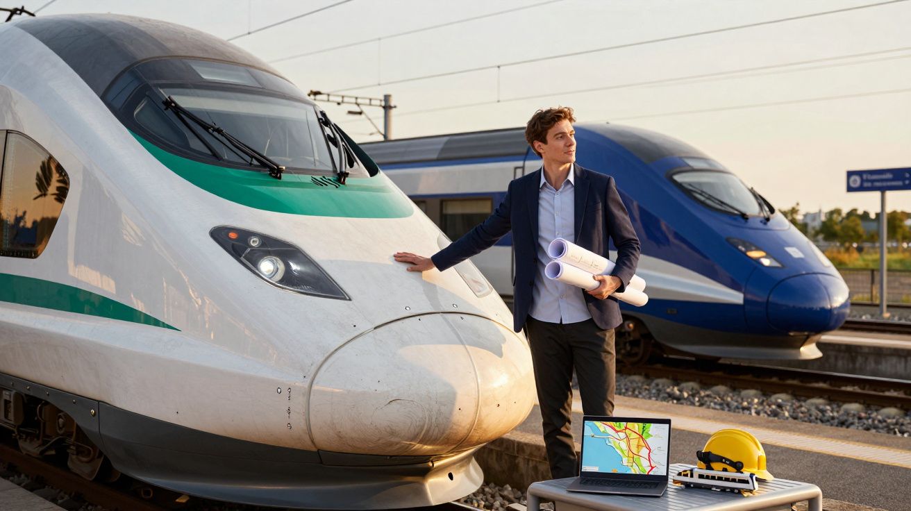 Homem de terno com plantas na mão ao lado de trens de alta velocidade em estação ferroviária.