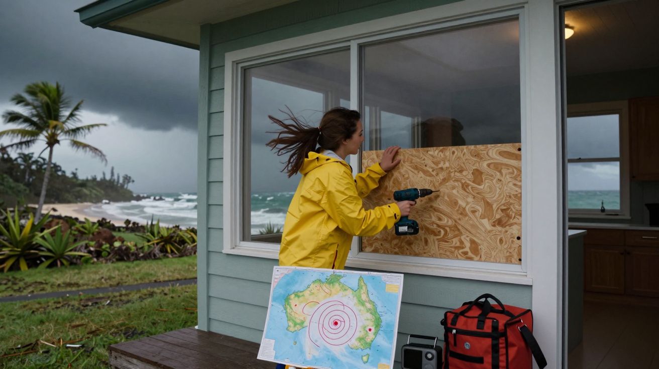 Mulher com capa amarela pregando madeira em janela de casa antes de tempestade na praia com mapa e kit de emergência.