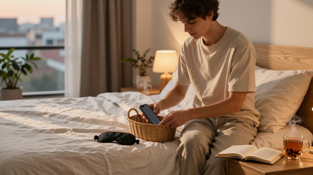 Jovem sentado na cama coloca celular em cesto em quarto iluminado, com livro, máscara e chá à noite.