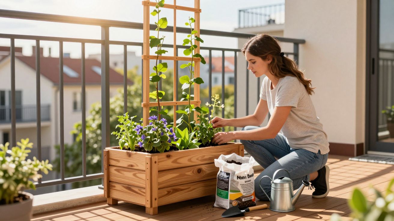 Mulher cuidando de plantas em canteiro de madeira na varanda ensolarada de um apartamento.