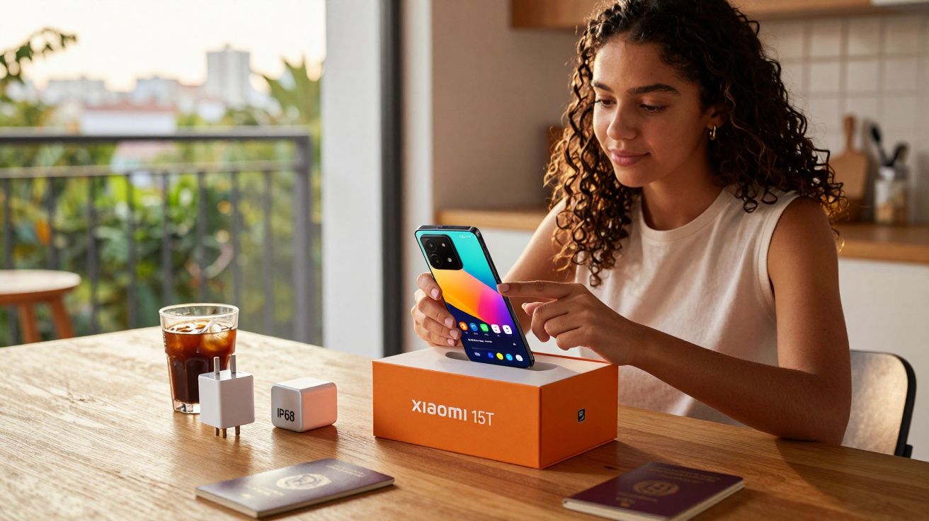 Mulher sentada à mesa usando um smartphone Xiaomi 15T recém-desembalado em ambiente claro.